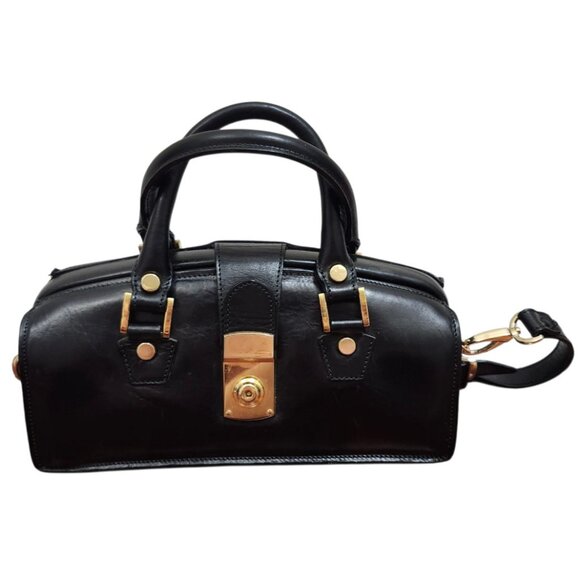 Francesco Rogani Black Leather Structured Handbag Gold Hardware Top Handle - Picture 11 of 16